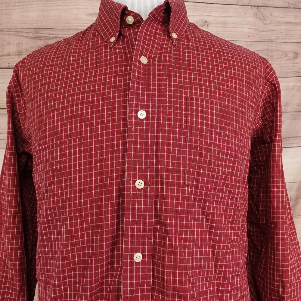 Eddie Bauer Shirt Mens L Red Check Button-Up Wrinkle‎ Resistant Stain Resistant